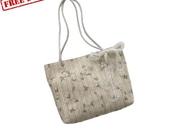 Woven Straw Shoulder Bag, Flower Embroidery Lace Tote, zipper Boho Chic Handbag