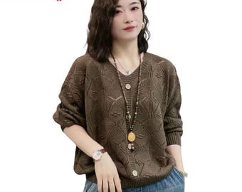 Loose Knit Cardigan Women, Soft Cozy Pullover Top, Spring Autumn Retro Style