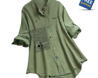 Plus Size Printed Tunic Shirt, Stand Collar Blouse, Breathable Casual Workwear