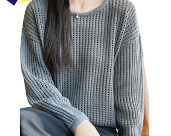 Women's Cotton Hollow Out Long Sleeve Top, Y2K Casual Pullover Blouse