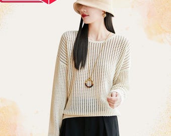 Women's Cotton Long Sleeve Hollow O-Neck Top, Casual Summer Basic Tee