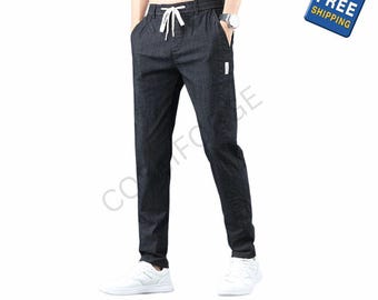 Men's Cotton Casual Trousers, Elastic Waist Business Pants, Korean Fashion Summer Slacks