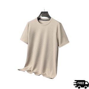 Men's Waffle Knit T-Shirt, Short Sleeve Summer Breathable Tee shirt, knit sweatshirt Khaki