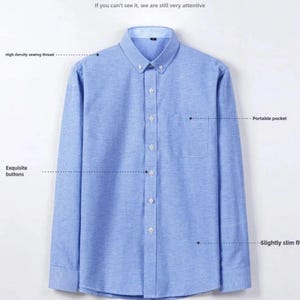 A pale blue button-down shirt with a pocket and long sleeves. The shirt has a button-down collar, exquisite buttons, and high-density sewing thread. The image text reads, "If you can't see it, we are still very attentive."