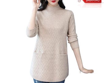 Thick Knitted Pullover Sweater, Half High Collar, Long Winter Warm Top