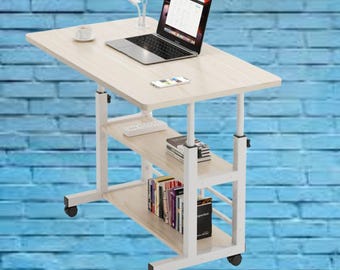 Adjustable Height Bedside Table, Mobile Laptop Desk with Storage, Rolling Swivel Wheels