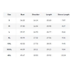 May include: A white table with a size chart for clothing. The chart lists sizes S to 4XL, with measurements for bust, shoulder, length, and sleeve length in inches. The chart is on a white background.