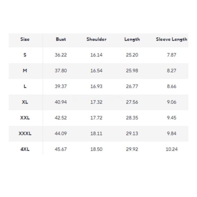 May include: A white table with a size chart for clothing. The chart lists sizes S to 4XL, with measurements for bust, shoulder, length, and sleeve length in inches. The chart is on a white background.