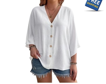 Plus Size Loose V-Neck Long Sleeve T-Shirt, Elegant Solid Color Casual Blouse