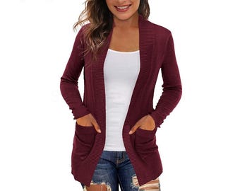 Knit Cardigan Sweater, Autumn Open-Front Knitwear with Pockets, women open sweater