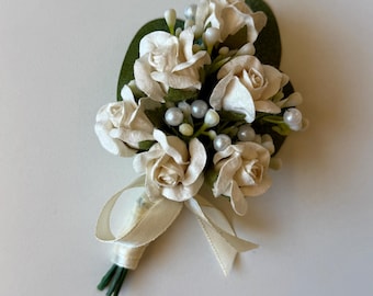 Ivory Rose Wedding Boutonniere, Handmade, Paper Flower, Greenery, Nature Inspired, Rustic Boho, Groom Lapel Pin