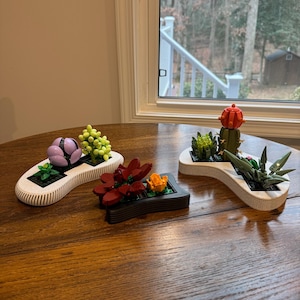 Pode incluir: Uma coleção de arranjos de plantas suculentas Lego em várias cores, incluindo roxo, verde, vermelho e laranja. As plantas são exibidas em vasos brancos e pretos sobre uma mesa de madeira.
