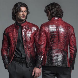 Puede incluir: Chaqueta de cuero roja y negra con un patrón de cocodrilo texturizado. La chaqueta tiene un cuello alto y cierre de cremallera frontal. Las mangas y la parte inferior de la espalda son negras. La chaqueta se muestra de frente y de espalda.