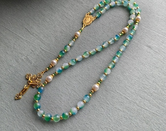 Corded Catholic Rosary Gold, Teal Green Glass Beads with Ivory Faux Pearls and Miraculous Medal Centerpiece