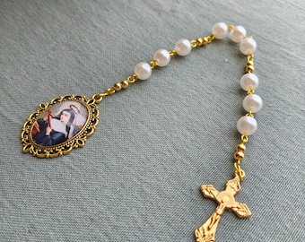 St Rita Chaplet, Ivory Pearl Catholic Prayer Beads with Gold Crucifix Medal