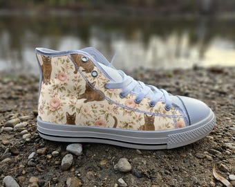 Burmese Cat Print Converse Style Shoes, Whimsical Floral Canvas Sneakers for Nature Lovers, Cute Feline Art Footwear