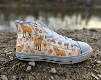 Maned Wolf Print Converse Style Shoes | Botanical Savanna Floral Canvas Sneakers | Wild Animal Nature Lover Gift