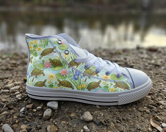 Painted Turtles Converse Style Shoes | Colorful Nature Art Canvas Sneakers | Gift for Turtle Lovers