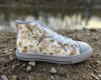 Cedar Waxwing on Berry Branch Converse Style Shoes | Botanical Bird Print Canvas Sneakers | Nature Inspired Gift