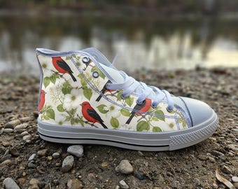 Scarlet Tanager Bird Converse Style Shoes, Botanical Bird Canvas Sneakers for Nature Lovers, Unique Avian Gift