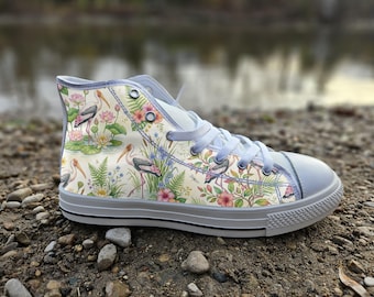 Painted Storks Converse Style Shoes | Artistic Bird Canvas Sneakers for Bird Lovers and Nature Gifts