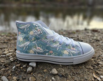 Gray Whale Print Converse Style Shoes | Coastal Ocean Nature Canvas Sneakers, Marine Biology Art Footwear, Whale Lover Gift