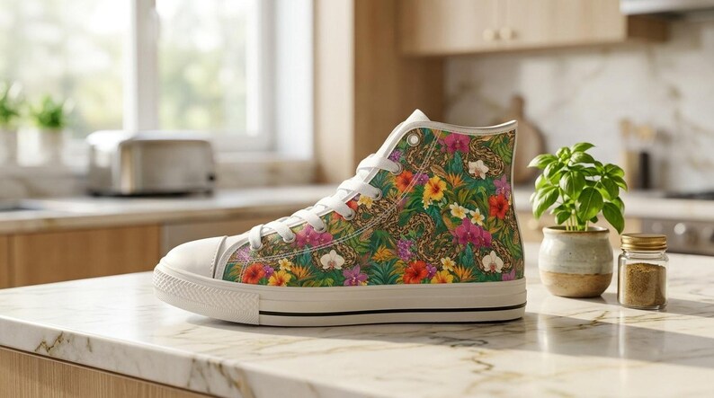 Puede incluir: Una zapatilla de ca&ntilde;a alta con un vibrante estampado tropical de hojas verdes, flores de hibisco rosas y amarillas, y orqu&iacute;deas blancas. El calzado tiene una puntera de goma blanca, cordones blancos y una suela de goma blanca con una raya negra.