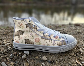 African Wildebeest Print Converse Style Shoes | Safari Herbivore Canvas Sneakers for Nature Lovers | Unique Wildlife Art Footwear Gift