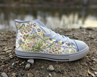 Great Tit Bird Converse Style Shoes, Botanical Floral Songbird Canvas Sneakers, Nature Lover Footwear Gift
