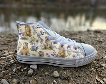Whimsical Marmot Print Converse Style Shoes | Alpine Floral Canvas Sneakers | Cute Animal Footwear Gift for Nature Lovers