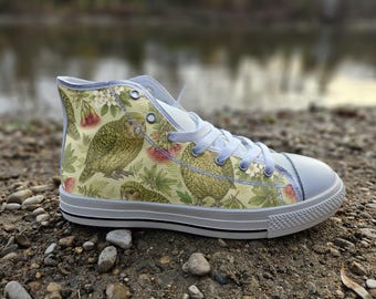 Kakapo Print Converse Style Shoes, New Zealand Parrot Canvas Sneakers, Wildlife Bird Art Gift for Nature Lovers