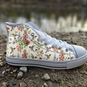 Ruby Throated Hummingbird Print Converse Style Shoes | Floral Botanical Canvas Sneakers for Nature Lovers | Unique Bird Art Footwear Gift
