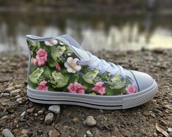 Glass Frog Print Converse Style Shoes | Whimsical Tropical Nature Canvas Sneakers | Unique Amphibian Footwear Gift