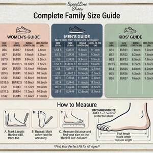 Puede incluir: Una tabla de gu&iacute;a de tallas de SpeedLine Shoes para toda la familia con tres secciones codificadas por colores para mujeres, hombres y ni&ntilde;os. Enumera tallas de EE. UU. y Europa con medidas en pulgadas. Incluye una secci&oacute;n How to Measure con diagramas.