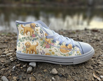Goldendoodle Converse Style Shoes, Whimsical Botanical Doodle Dog Canvas Sneakers, Cute Pet Lover Footwear Gift