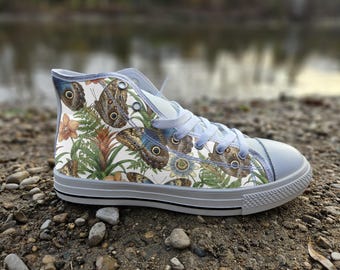Owl Butterflies Converse Style Shoes | Whimsical Nature Canvas Sneakers | Cottagecore Gift for Bird Lovers