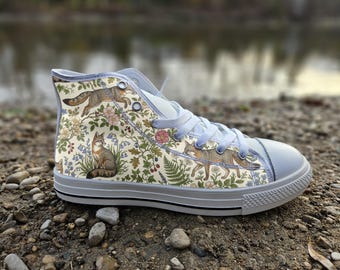 Gray Fox Converse Style Shoes | Woodland Botanical Canvas Sneakers | Whimsical Forest Animal Nature Gift