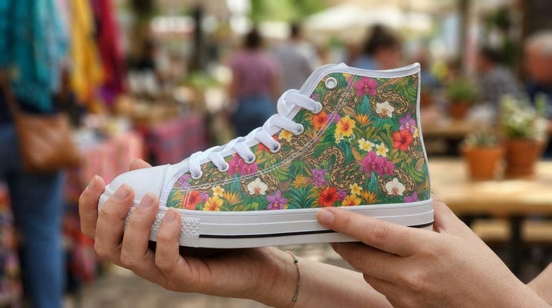 Puede incluir: Una zapatilla de ca&ntilde;a alta con un estampado tropical vibrante de hojas verdes, flores de hibisco amarillas y rojas, y orqu&iacute;deas moradas. El calzado tiene una puntera de goma blanca, cordones blancos y una suela blanca con una l&iacute;nea negra.