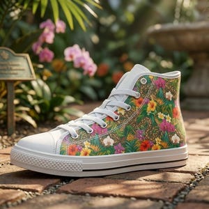 Puede incluir: Una zapatilla de ca&ntilde;a alta con un vibrante estampado floral tropical de hojas verdes, orqu&iacute;deas rosas y flores de hibisco naranjas. El calzado presenta una puntera de goma blanca, cordones blancos, un ojal blanco y una suela blanca gruesa.
