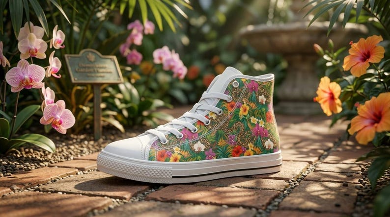 Puede incluir: Una zapatilla de ca&ntilde;a alta con un vibrante estampado floral tropical de hojas verdes, orqu&iacute;deas rosas y flores de hibisco naranjas. El calzado presenta una puntera de goma blanca, cordones blancos, un ojal blanco y una suela blanca gruesa.