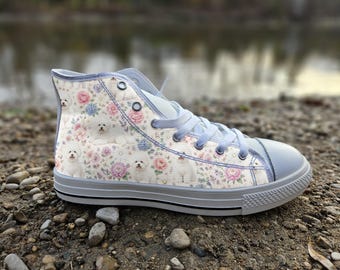Bichon Frise Print Converse Style Shoes | Cute Fluffy Dog Canvas Sneakers | Unique Puppy Art Footwear Gift