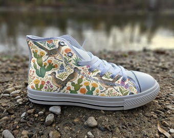 Greater Roadrunner Converse Style Shoes | Desert Bird Botanical Canvas Sneakers | Southwest Wildlife Nature Lover Gift