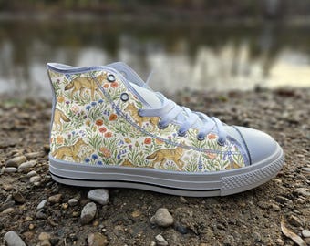 Golden Jackal Print Converse Style Shoes | Botanical Wildlife Canvas Sneakers for Nature Lovers | Canine Animal Art Gift
