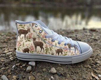 Saola Print Converse Style Shoes | Botanical Forest Canvas Sneakers | Rare Wildlife Enthusiast Gift