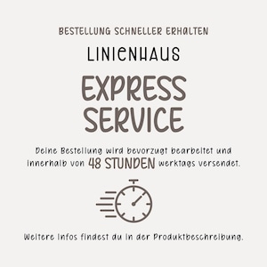 Könnte beinhalten: Cremefarbene Grafik mit deutschem Text. Der Text lautet "BESTELLUNG SCHNELLER ERHALTEN" und "LINIENHAUS EXPRESS SERVICE". Das Bild gibt auch an, dass Bestellungen innerhalb von 48 Stunden an Werktagen bearbeitet werden. Eine Uhrgrafik ist enthalten.