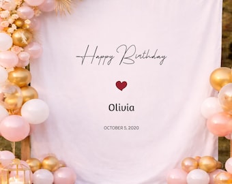 Pancarta de cumpleaños personalizada con nombre: Tela de algodón estilo bohemio, marco de madera rústica, decoración para fiestas infantiles.