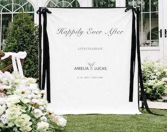Pancarta de tela personalizada para bodas: Letrero de lino personalizado "Felices para siempre"