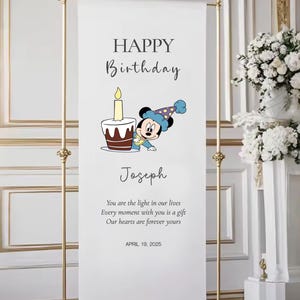 The image is a banner for a birthday celebration, featuring a cartoon character and a birthday cake. The banner has a message that reads "Happy Birthday Joseph" and includes a quote about the light in our lives.