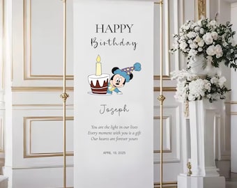 Pancarta de cumpleaños de Mickey Mouse, cartel de tela personalizado con nombre y fecha, decoración acogedora para fiestas.
