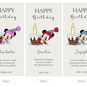 three birthday cards with illustrations of Minnie Mouse and candles, each with a different message for a birthday celebration.